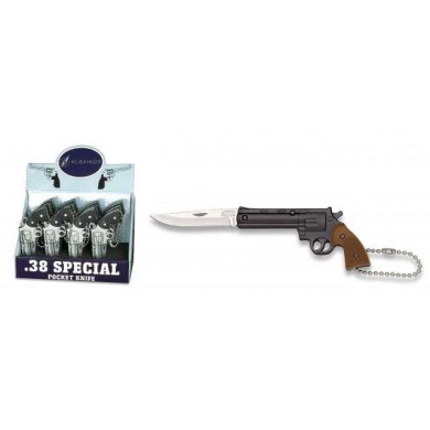 llavero revolver negro con cacha marron