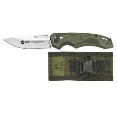 Navaja táctica K25 verde acero 7Cr17MoV con funda nylon